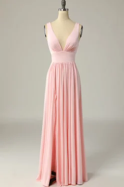 Classic A Line V Neck Yellow Long Prom Dress with Slit
