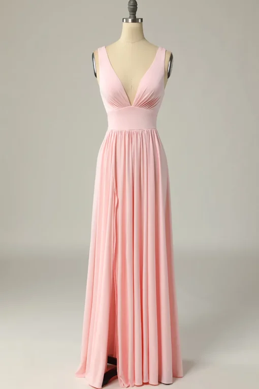 Classic A Line V Neck Yellow Long Prom Dress with Slit