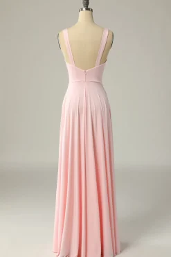 Classic A Line V Neck Yellow Long Prom Dress with Slit