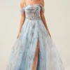 Cold Shoulder A-Line Blue Printed Long Corset Prom Dress with Slit