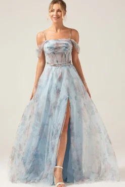 Cold Shoulder A-Line Blue Printed Long Corset Prom Dress with Slit