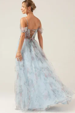 Cold Shoulder A-Line Blue Printed Long Corset Prom Dress with Slit