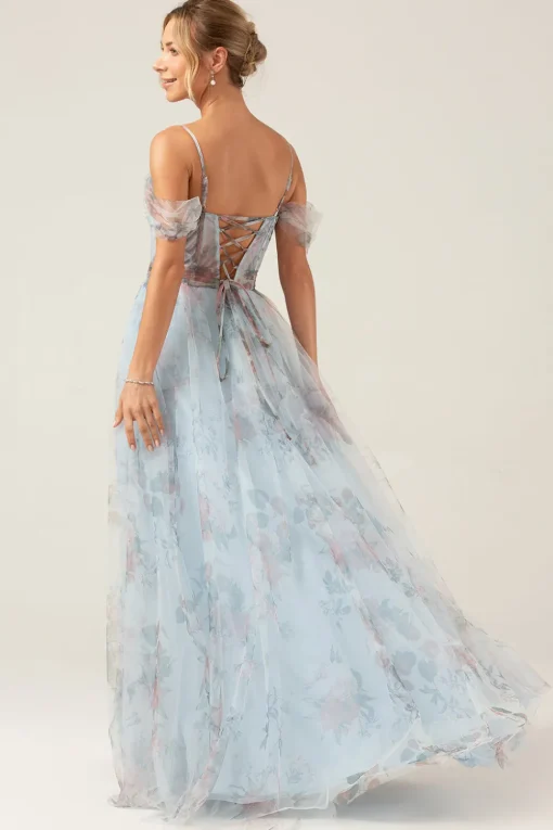 Cold Shoulder A-Line Blue Printed Long Corset Prom Dress with Slit