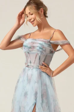 Cold Shoulder A-Line Blue Printed Long Corset Prom Dress with Slit
