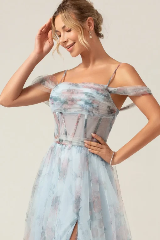 Cold Shoulder A-Line Blue Printed Long Corset Prom Dress with Slit