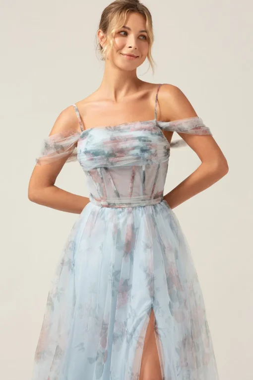 Cold Shoulder A-Line Blue Printed Long Corset Prom Dress with Slit