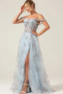 Cold Shoulder A-Line Blue Printed Long Corset Prom Dress with Slit