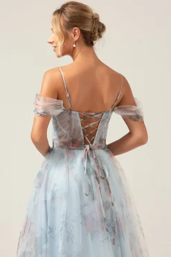 Cold Shoulder A-Line Blue Printed Long Corset Prom Dress with Slit