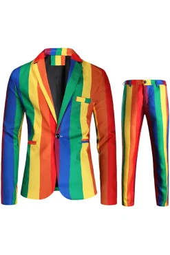 Colorful Striped Yellow Single Button Notched Lapel 3 Piece Men's Christmas Suit