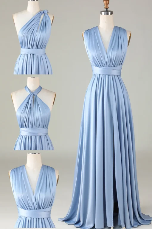 Convertible Blue Satin Bridesmaid Dress with Slit