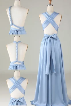 Convertible Blue Satin Bridesmaid Dress with Slit