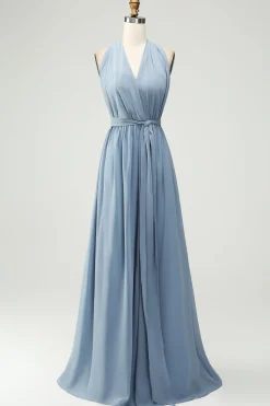 Convertible Chiffon A Line Dusty Blue Long Bridesmaid Dress
