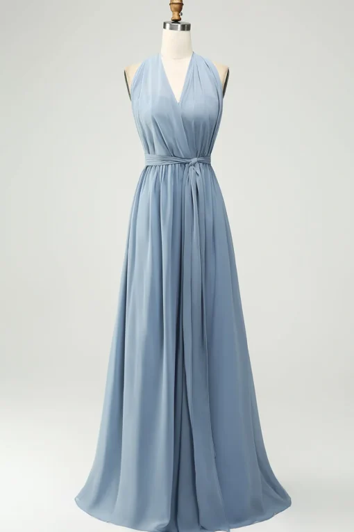 Convertible Chiffon A Line Dusty Blue Long Bridesmaid Dress