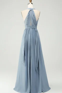 Convertible Chiffon A Line Dusty Blue Long Bridesmaid Dress