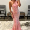 Coral One Shoulder Sequins Mermaid Sparkly Prom Dress