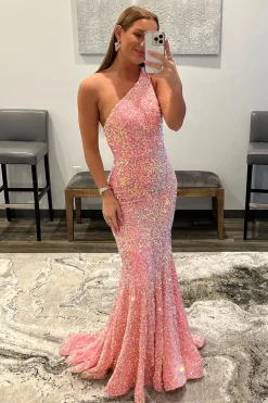 Coral One Shoulder Sequins Mermaid Sparkly Prom Dress