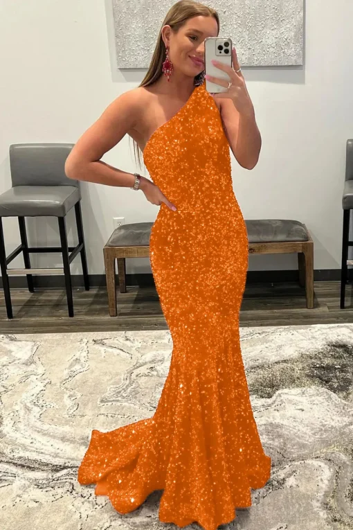 Coral One Shoulder Sequins Mermaid Sparkly Prom Dress