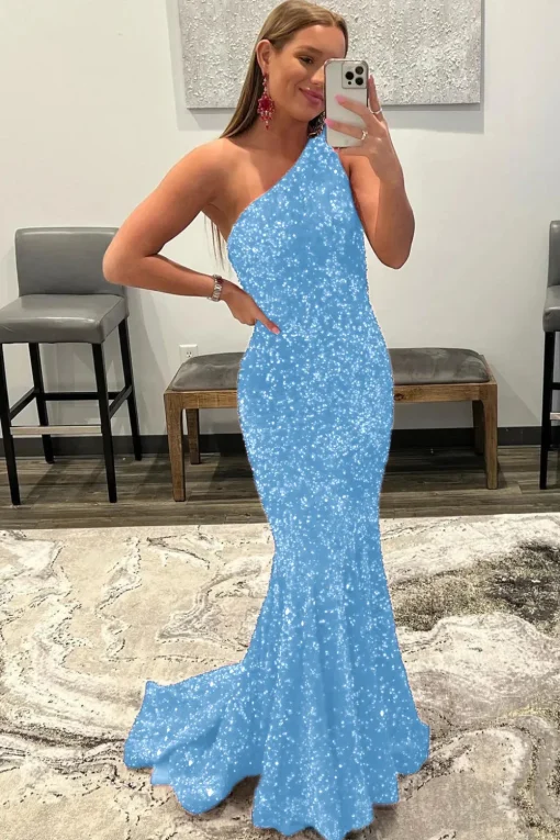 Coral One Shoulder Sequins Mermaid Sparkly Prom Dress