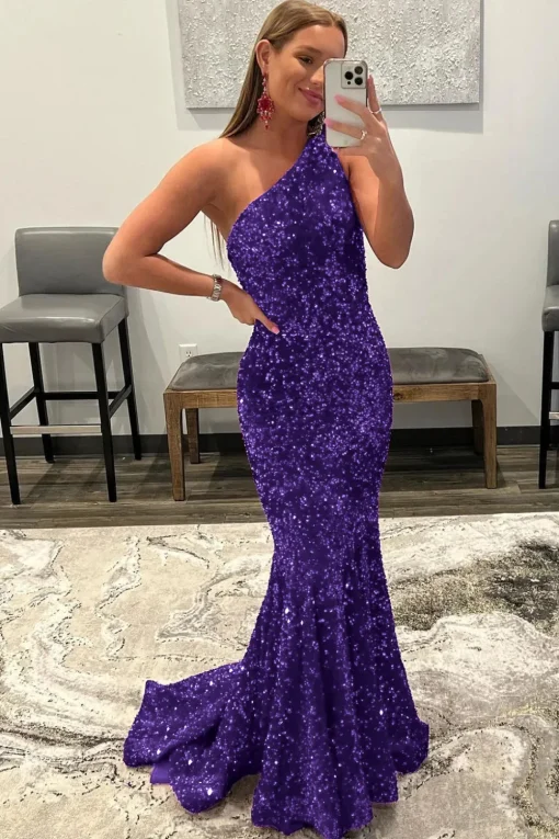 Coral One Shoulder Sequins Mermaid Sparkly Prom Dress