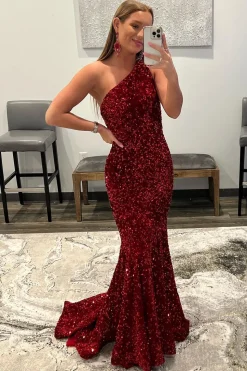 Coral One Shoulder Sequins Mermaid Sparkly Prom Dress