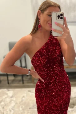 Coral One Shoulder Sequins Mermaid Sparkly Prom Dress
