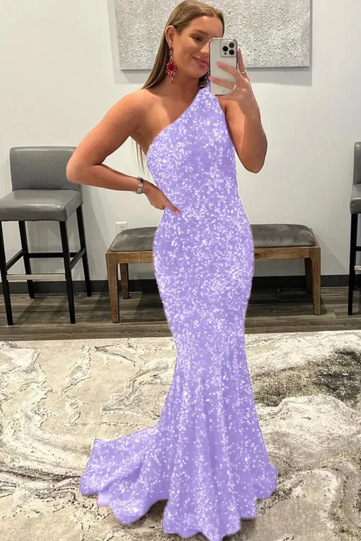 Coral One Shoulder Sequins Mermaid Sparkly Prom Dress