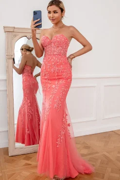 Coral Tulle Mermaid Prom Dress with Applique