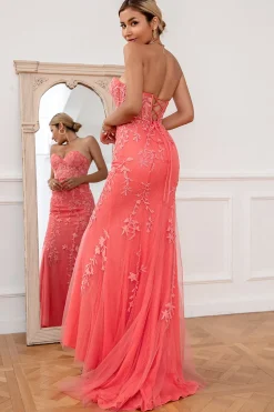 Coral Tulle Mermaid Prom Dress with Applique
