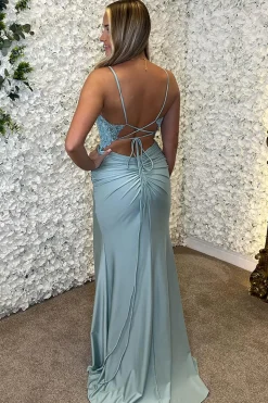 Corset Appliques Sky Blue Mermaid Spaghetti Straps Prom Dress