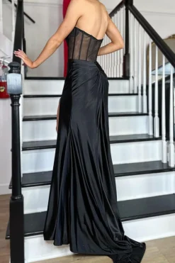 Corset Black Mermaid Strapless Prom Dress with Slit