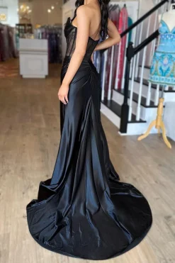 Corset Black Mermaid Strapless Prom Dress with Slit