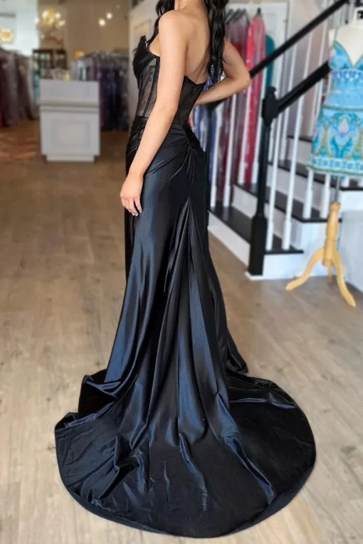 Corset Black Mermaid Strapless Prom Dress with Slit