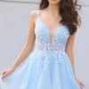 Cute A Line Deep V Neck Light Blue Short Prom Dress with Appliques