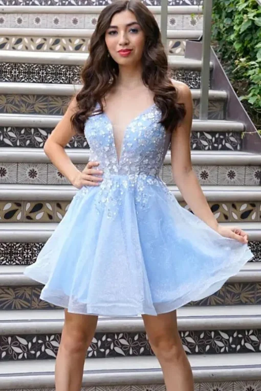 Cute A Line Deep V Neck Light Blue Short Prom Dress with Appliques