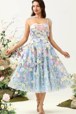 Cute A Line Spaghetti Straps Blue Tea Length Prom Dress with 3D Flowers