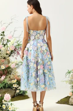 Cute A Line Spaghetti Straps Blue Tea Length Prom Dress with 3D Flowers