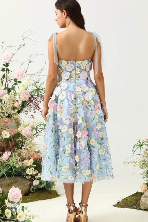 Cute A Line Spaghetti Straps Blue Tea Length Prom Dress with 3D Flowers
