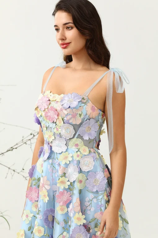 Cute A Line Spaghetti Straps Blue Tea Length Prom Dress with 3D Flowers