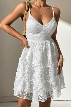 Cute A-Line Spaghetti Straps Mini Lace White Graduation Dress