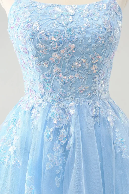 Cute Glitter Blue A Line Sequins Short Homecoming Dress with Appliques