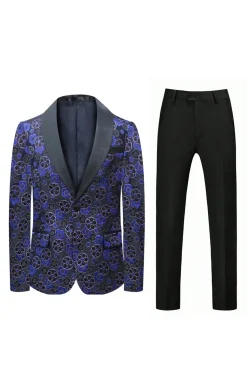 Dark Blue Floral Printed Shawl Lapel 2 Pieces Men Suits