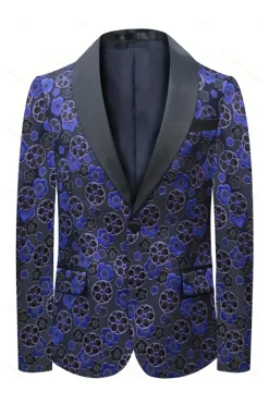 Dark Blue Floral Printed Shawl Lapel 2 Pieces Men Suits