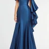 Dark Blue Mermaid Off the Shoulder Ruffles Satin Evening Dress