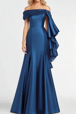 Dark Blue Mermaid Off the Shoulder Ruffles Satin Evening Dress