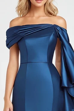 Dark Blue Mermaid Off the Shoulder Ruffles Satin Evening Dress