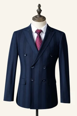 Dark Blue Pinstripe 3-Piece Double-Breasted Men's Suit