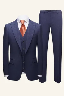 Dark Blue Pinstriped 3 Piece Men Wedding Suits