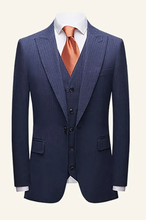 Dark Blue Pinstriped 3 Piece Men Wedding Suits