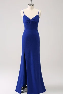 Dark Blue Sparkly Twist Front Mermaid Wedding Guest Dress with Slit