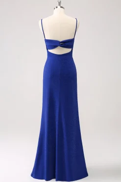 Dark Blue Sparkly Twist Front Mermaid Wedding Guest Dress with Slit